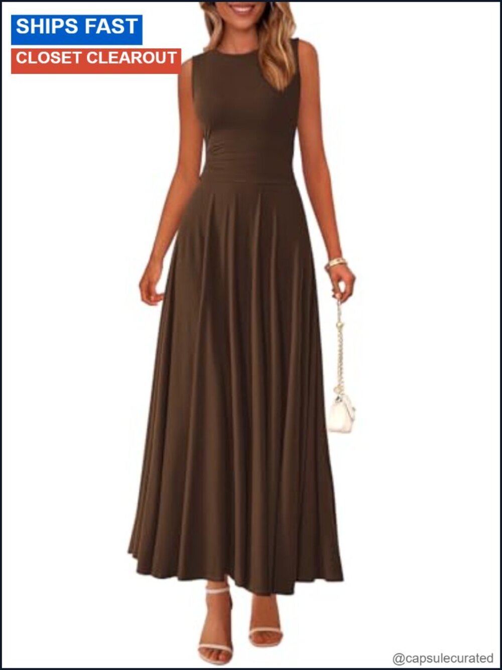Sleeveless Flowy A-Line Maxi Sundress for Women Pleated High Waist